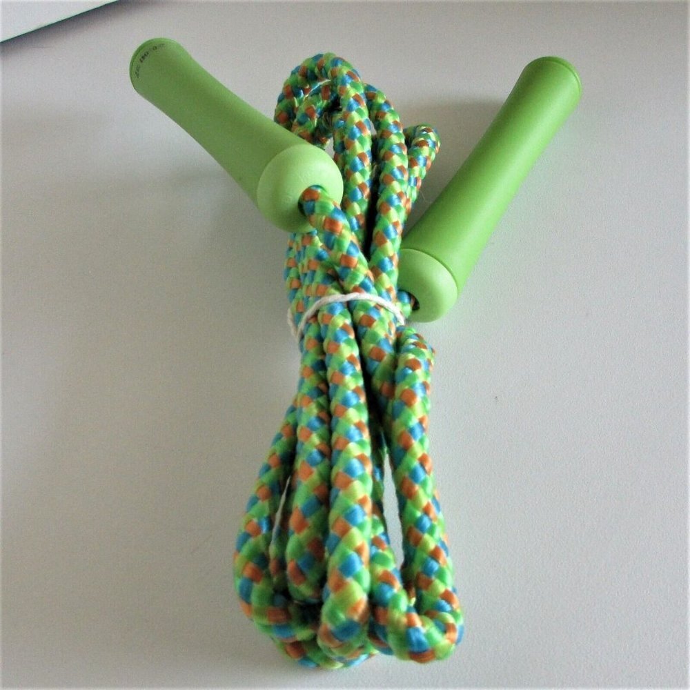 Jump Rope VTG FABRIC 34" GREEN ORANGE BLUE w Plastic Handles LIKE NEW